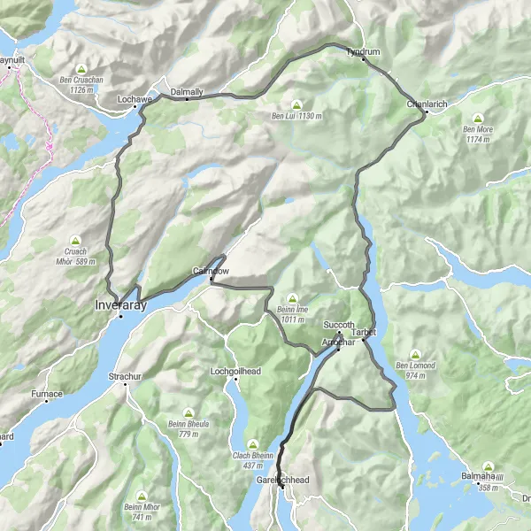 Map miniature of "The Lochs and Castles Loop" cycling inspiration in West Central Scotland, United Kingdom. Generated by Tarmacs.app cycling route planner