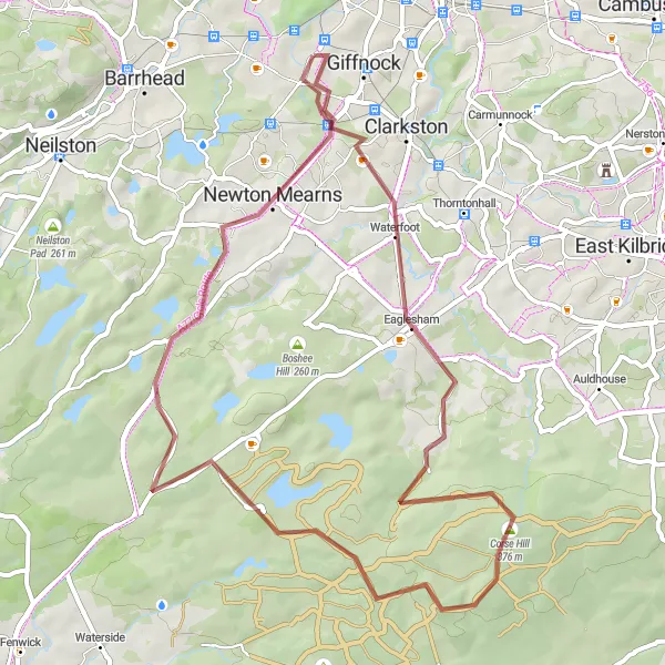 Map miniature of "Giffnock to Newton Mearns Gravel Adventure" cycling inspiration in West Central Scotland, United Kingdom. Generated by Tarmacs.app cycling route planner