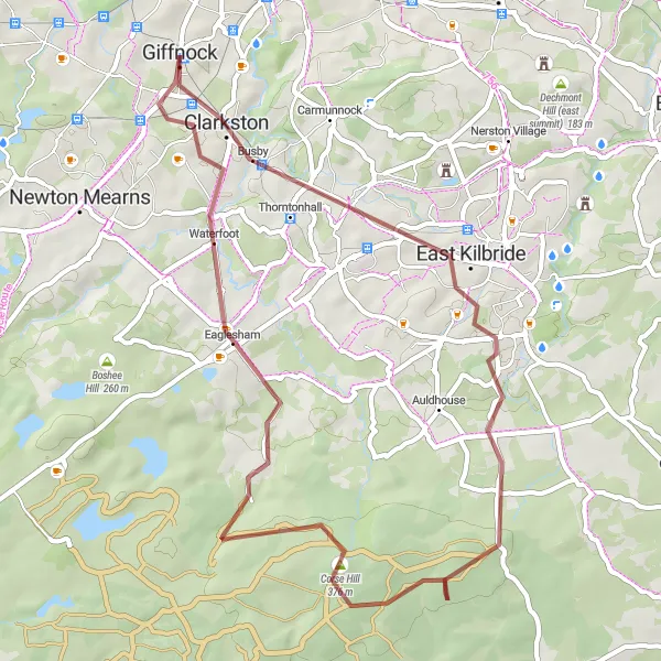 Map miniature of "Discovering East Kilbride Gravel Route" cycling inspiration in West Central Scotland, United Kingdom. Generated by Tarmacs.app cycling route planner