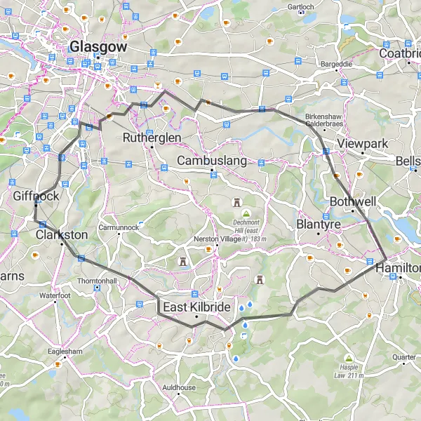 Map miniature of "Giffnock to East Kilbride Loop" cycling inspiration in West Central Scotland, United Kingdom. Generated by Tarmacs.app cycling route planner