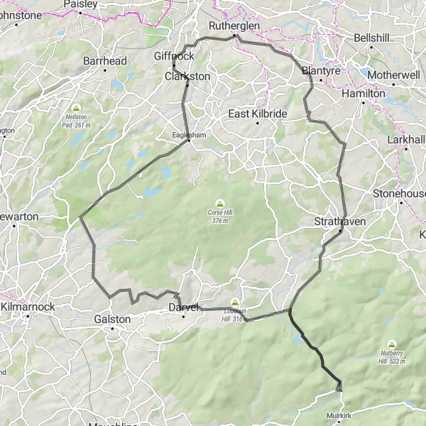 Map miniature of "Challenging Road Adventure: Rutherglen to Eaglesham" cycling inspiration in West Central Scotland, United Kingdom. Generated by Tarmacs.app cycling route planner