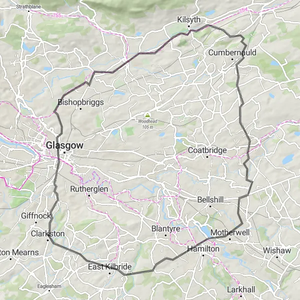 Map miniature of "Giffnock to Aidans Brae Loop" cycling inspiration in West Central Scotland, United Kingdom. Generated by Tarmacs.app cycling route planner