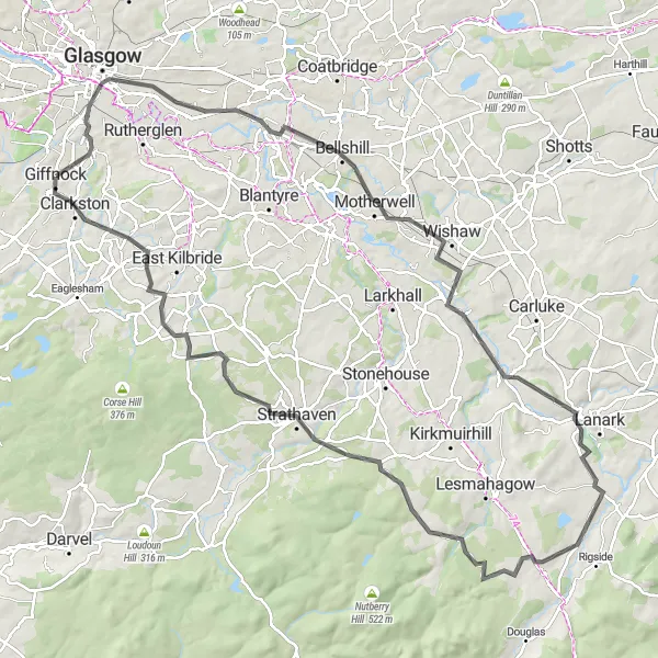 Map miniature of "Giffnock to Strathaven Loop" cycling inspiration in West Central Scotland, United Kingdom. Generated by Tarmacs.app cycling route planner