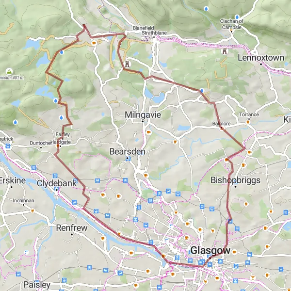 Map miniature of "Glasgow Gravel Adventure" cycling inspiration in West Central Scotland, United Kingdom. Generated by Tarmacs.app cycling route planner