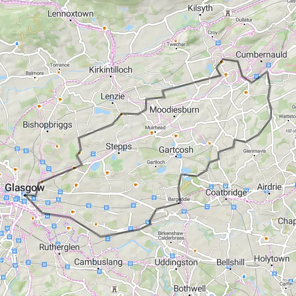 Map miniature of "Glasgow to Cullochrig" cycling inspiration in West Central Scotland, United Kingdom. Generated by Tarmacs.app cycling route planner