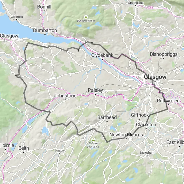 Map miniature of "Southwest Loop from Glasgow" cycling inspiration in West Central Scotland, United Kingdom. Generated by Tarmacs.app cycling route planner
