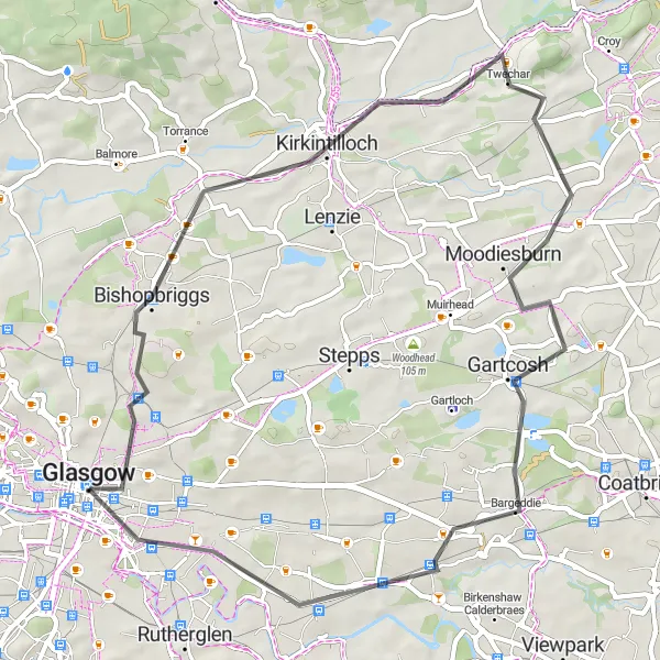 Map miniature of "Glasgow Loop" cycling inspiration in West Central Scotland, United Kingdom. Generated by Tarmacs.app cycling route planner