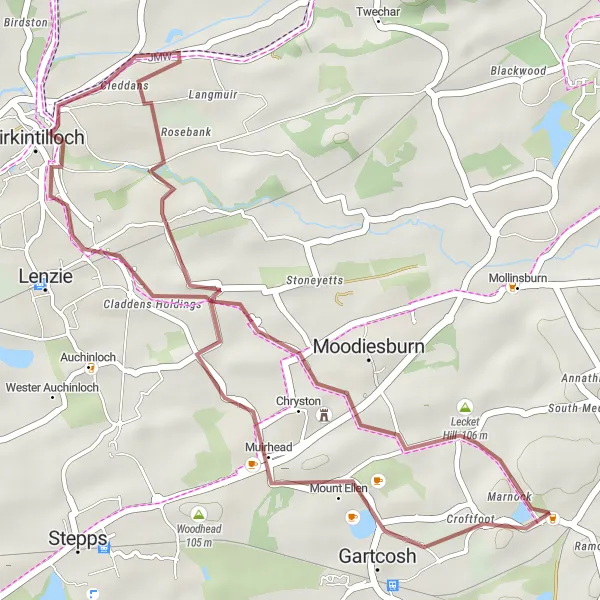 Map miniature of "Exploring Kirkintilloch" cycling inspiration in West Central Scotland, United Kingdom. Generated by Tarmacs.app cycling route planner