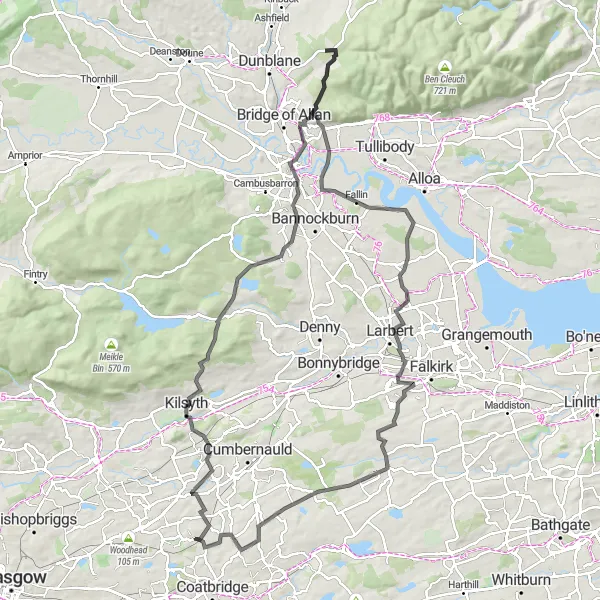 Map miniature of "The Stirling Hills" cycling inspiration in West Central Scotland, United Kingdom. Generated by Tarmacs.app cycling route planner