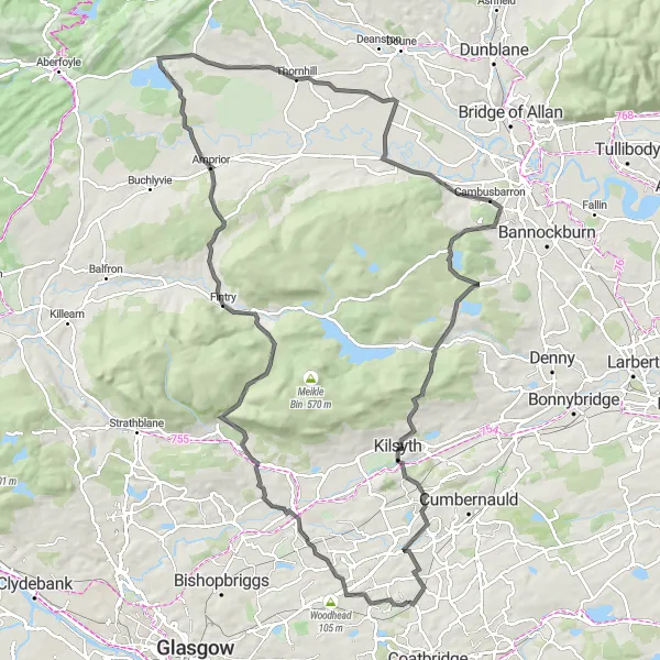 Map miniature of "The Lochs and Hills Adventure" cycling inspiration in West Central Scotland, United Kingdom. Generated by Tarmacs.app cycling route planner