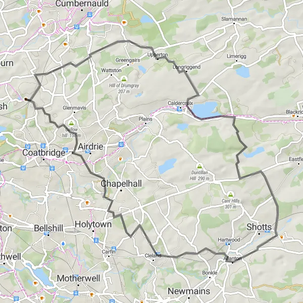 Map miniature of "Scenic Countryside Loop" cycling inspiration in West Central Scotland, United Kingdom. Generated by Tarmacs.app cycling route planner