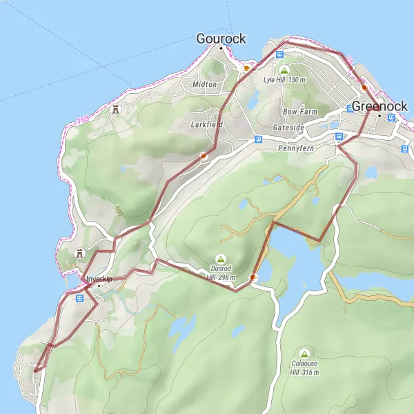 Map miniature of "Greenock Gravel Adventure" cycling inspiration in West Central Scotland, United Kingdom. Generated by Tarmacs.app cycling route planner