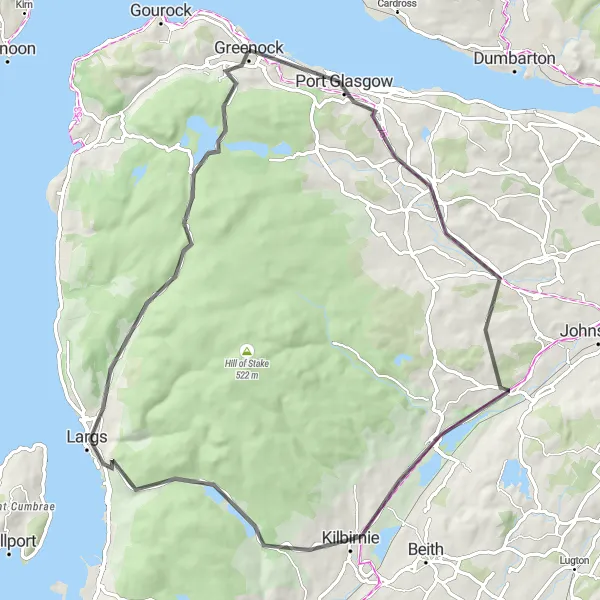 Map miniature of "Coastal Road Adventure" cycling inspiration in West Central Scotland, United Kingdom. Generated by Tarmacs.app cycling route planner