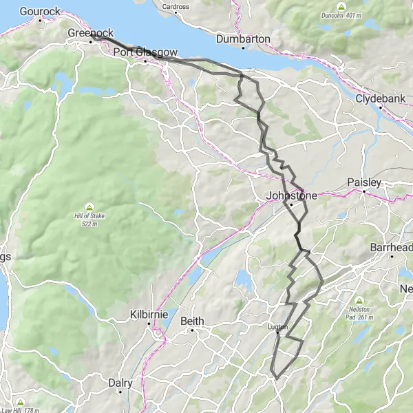 Map miniature of "The Great Greenock Loop" cycling inspiration in West Central Scotland, United Kingdom. Generated by Tarmacs.app cycling route planner