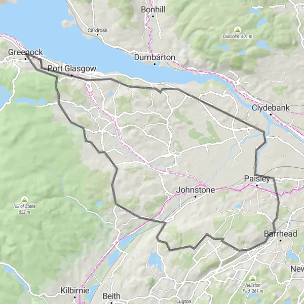 Map miniature of "Exploring West Renfrewshire" cycling inspiration in West Central Scotland, United Kingdom. Generated by Tarmacs.app cycling route planner