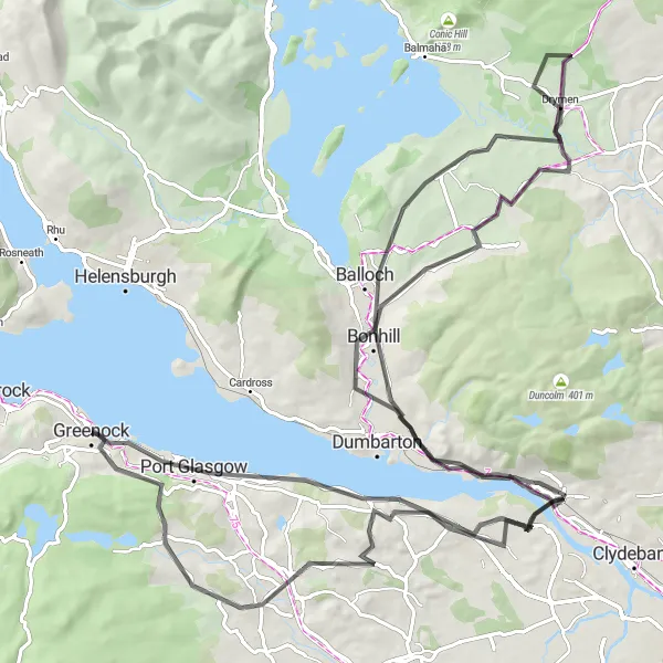 Map miniature of "Greenock Highlands Challenge" cycling inspiration in West Central Scotland, United Kingdom. Generated by Tarmacs.app cycling route planner