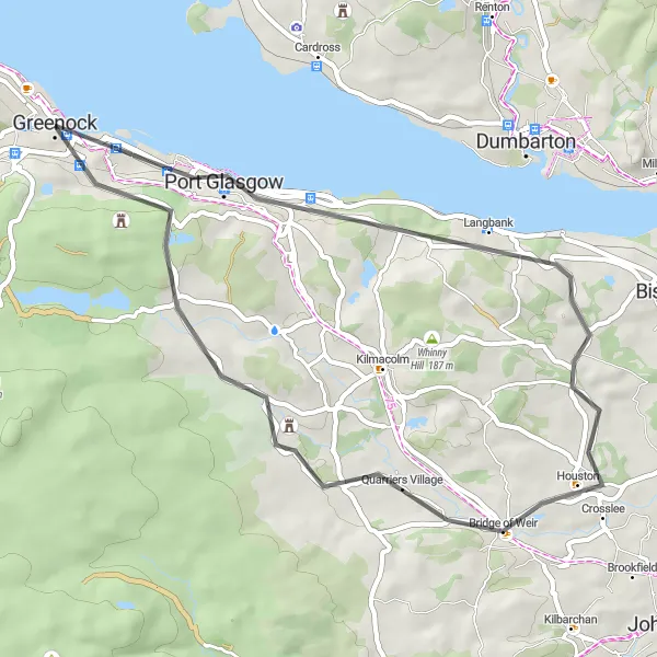 Map miniature of "Coastal Delights Loop" cycling inspiration in West Central Scotland, United Kingdom. Generated by Tarmacs.app cycling route planner