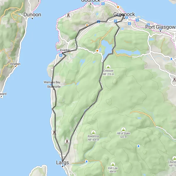 Map miniature of "Coastal Explorer" cycling inspiration in West Central Scotland, United Kingdom. Generated by Tarmacs.app cycling route planner