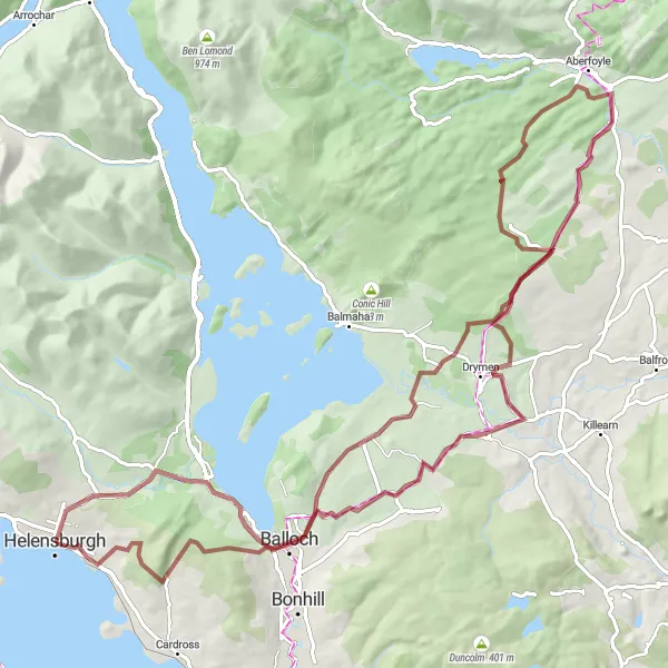 Map miniature of "Gravel Adventure to Aberfoyle" cycling inspiration in West Central Scotland, United Kingdom. Generated by Tarmacs.app cycling route planner