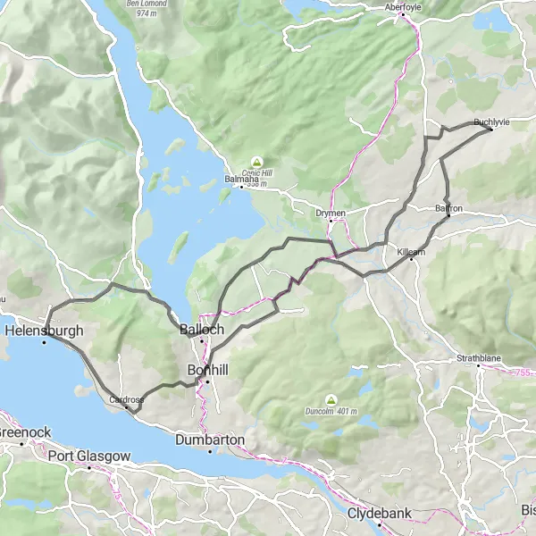 Map miniature of "Discover Alexandria" cycling inspiration in West Central Scotland, United Kingdom. Generated by Tarmacs.app cycling route planner