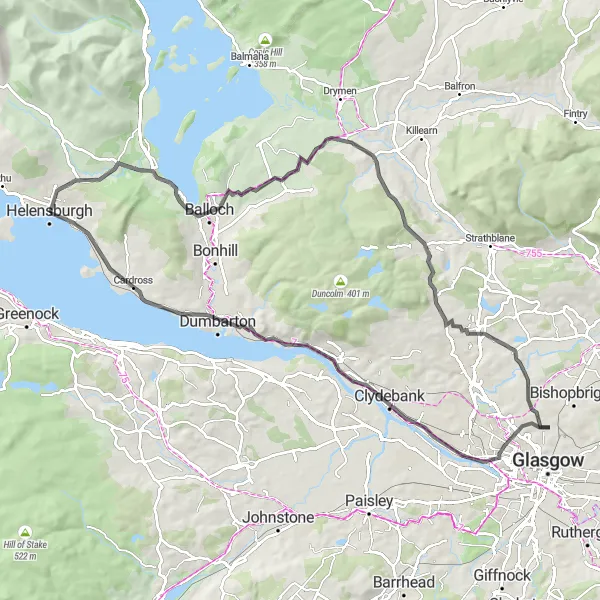 Map miniature of "Balloch Castle Loop" cycling inspiration in West Central Scotland, United Kingdom. Generated by Tarmacs.app cycling route planner