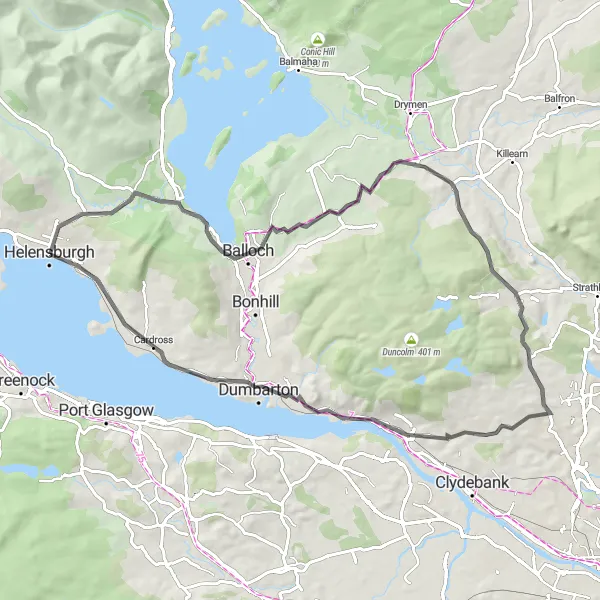 Map miniature of "The Castle and View Adventure" cycling inspiration in West Central Scotland, United Kingdom. Generated by Tarmacs.app cycling route planner