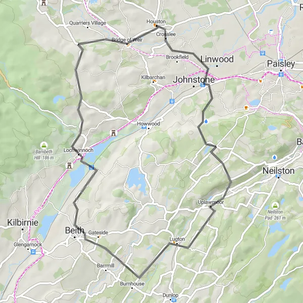 Map miniature of "The Lochwinnoch Loop" cycling inspiration in West Central Scotland, United Kingdom. Generated by Tarmacs.app cycling route planner
