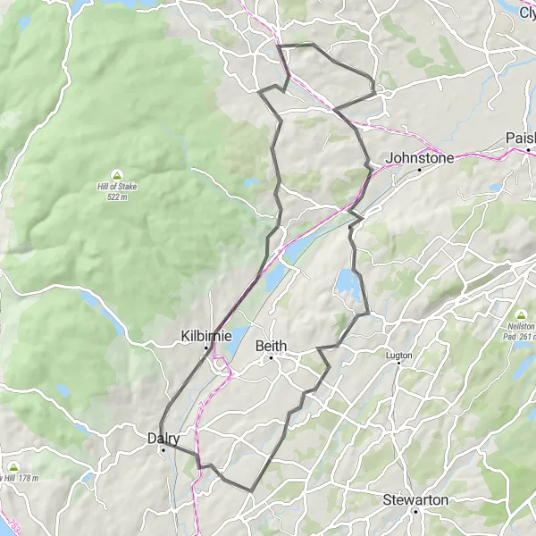 Map miniature of "Bridge of Weir Circuit" cycling inspiration in West Central Scotland, United Kingdom. Generated by Tarmacs.app cycling route planner