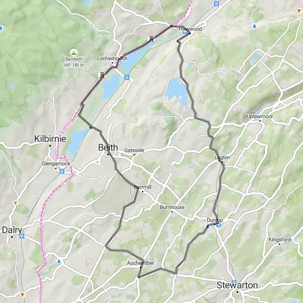 Map miniature of "Dunlop and Beith Circuit" cycling inspiration in West Central Scotland, United Kingdom. Generated by Tarmacs.app cycling route planner