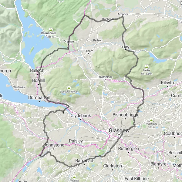 Map miniature of "The Hills of Dun" cycling inspiration in West Central Scotland, United Kingdom. Generated by Tarmacs.app cycling route planner