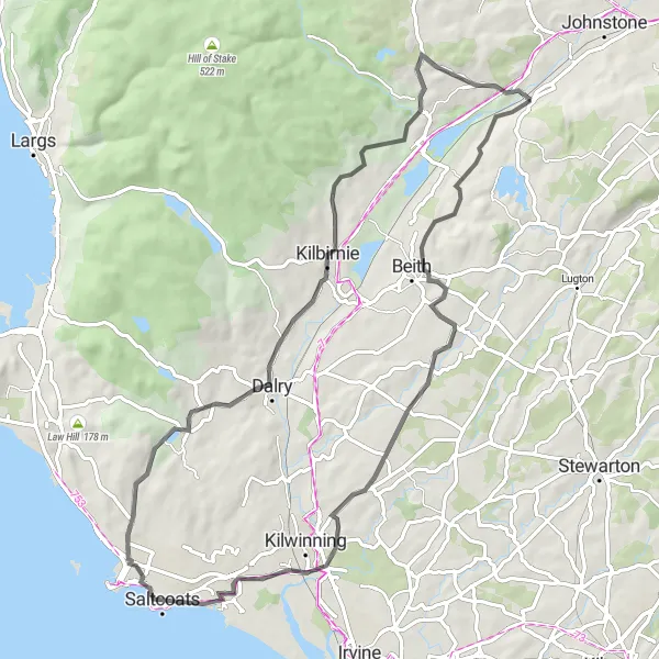 Map miniature of "Barrmill and Saltcoats Loop" cycling inspiration in West Central Scotland, United Kingdom. Generated by Tarmacs.app cycling route planner