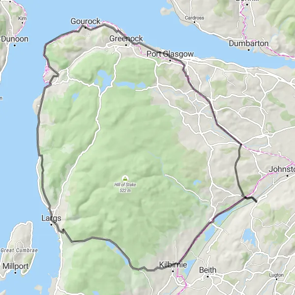 Map miniature of "Largs and Bridge of Weir Loop" cycling inspiration in West Central Scotland, United Kingdom. Generated by Tarmacs.app cycling route planner