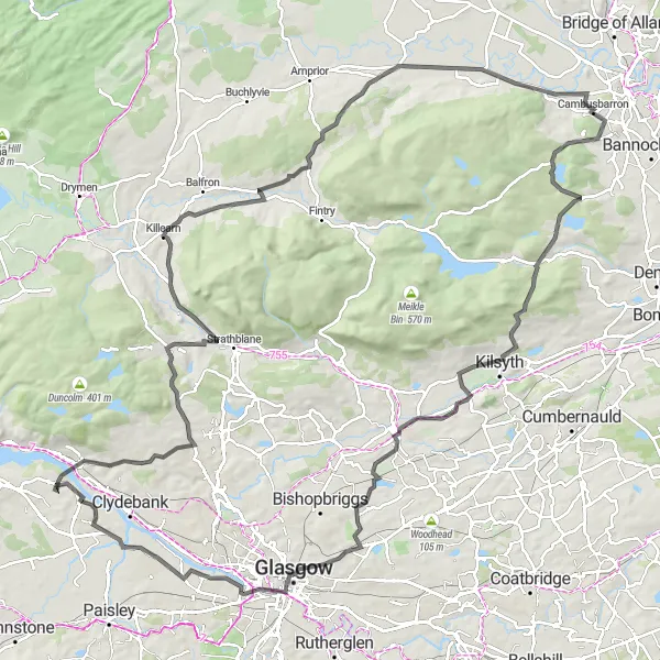 Map miniature of "Kirkintilloch Mission" cycling inspiration in West Central Scotland, United Kingdom. Generated by Tarmacs.app cycling route planner