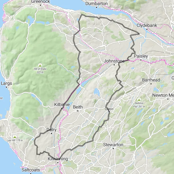 Map miniature of "Barr Castle Circuit" cycling inspiration in West Central Scotland, United Kingdom. Generated by Tarmacs.app cycling route planner