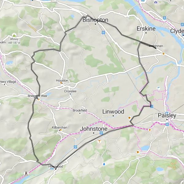 Map miniature of "Easy Road Route from Inchinnan" cycling inspiration in West Central Scotland, United Kingdom. Generated by Tarmacs.app cycling route planner