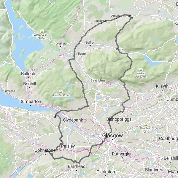 Map miniature of "Elderslie to Gleniffer Braes Loop" cycling inspiration in West Central Scotland, United Kingdom. Generated by Tarmacs.app cycling route planner