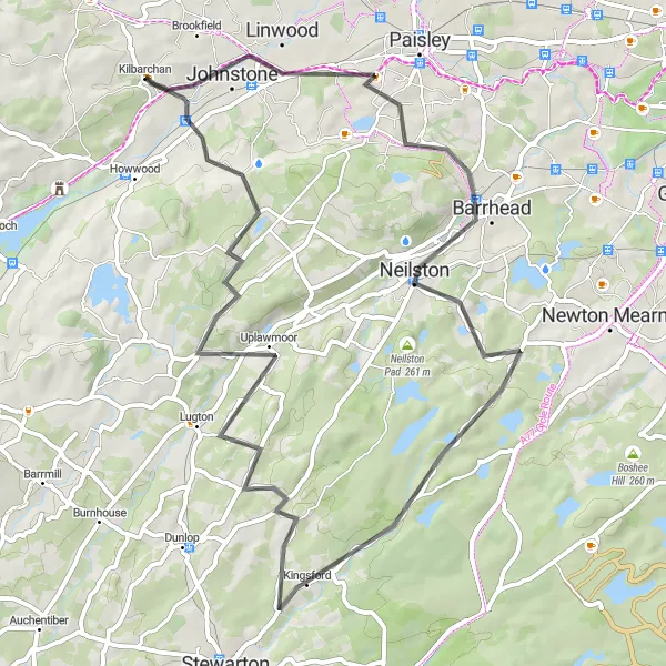 Map miniature of "Johnstone to Uplawmoor Circuit" cycling inspiration in West Central Scotland, United Kingdom. Generated by Tarmacs.app cycling route planner