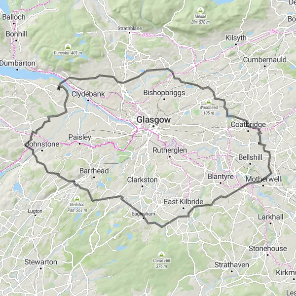 Map miniature of "Ultimate Kilbarchan Road Cycling Challenge" cycling inspiration in West Central Scotland, United Kingdom. Generated by Tarmacs.app cycling route planner