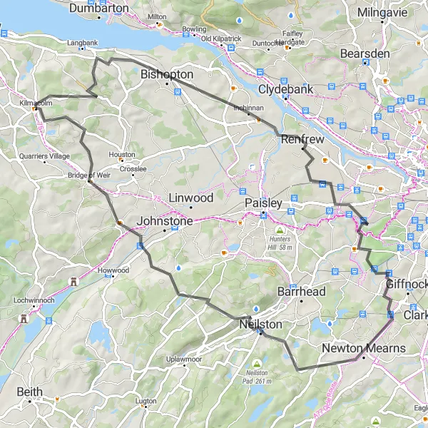 Map miniature of "The Hillside Adventure" cycling inspiration in West Central Scotland, United Kingdom. Generated by Tarmacs.app cycling route planner