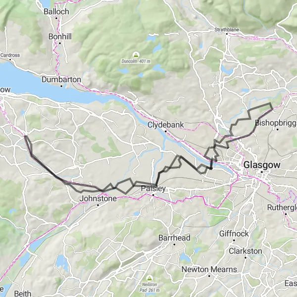 Map miniature of "The Paisley Explorer" cycling inspiration in West Central Scotland, United Kingdom. Generated by Tarmacs.app cycling route planner