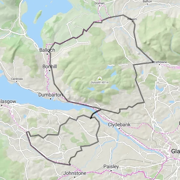 Map miniature of "Erskine Delight" cycling inspiration in West Central Scotland, United Kingdom. Generated by Tarmacs.app cycling route planner