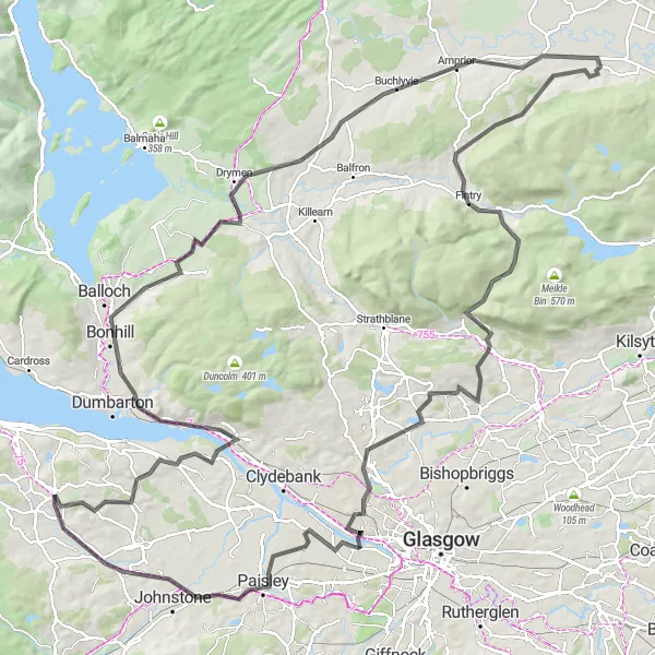 Map miniature of "The Challenge Loop" cycling inspiration in West Central Scotland, United Kingdom. Generated by Tarmacs.app cycling route planner