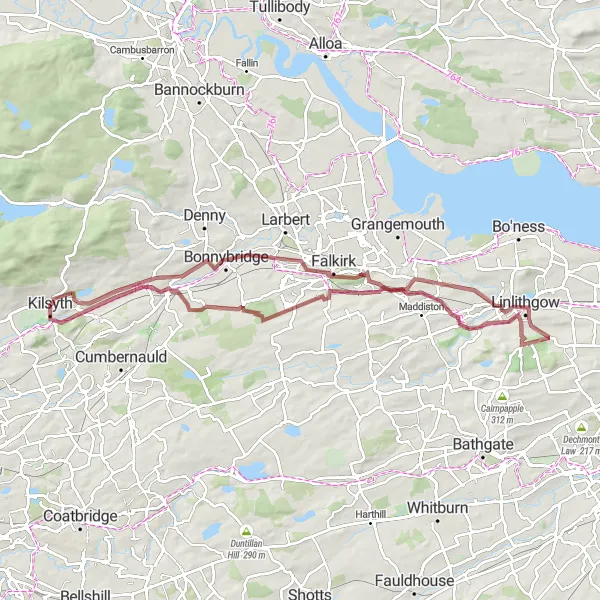 Map miniature of "Linlithgow and Polmont Loop from Kilsyth" cycling inspiration in West Central Scotland, United Kingdom. Generated by Tarmacs.app cycling route planner