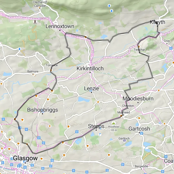 Map miniature of "Glorious Countryside Ride" cycling inspiration in West Central Scotland, United Kingdom. Generated by Tarmacs.app cycling route planner