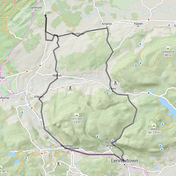 Map miniature of "Lennoxtown to Clachan of Campsie Loop" cycling inspiration in West Central Scotland, United Kingdom. Generated by Tarmacs.app cycling route planner
