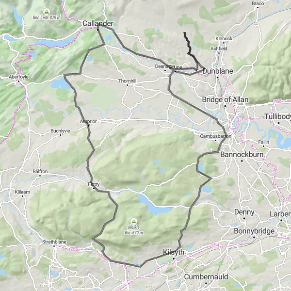 Map miniature of "Lennoxtown to Stirling Castle" cycling inspiration in West Central Scotland, United Kingdom. Generated by Tarmacs.app cycling route planner