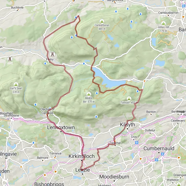 Map miniature of "The Scenic Glades" cycling inspiration in West Central Scotland, United Kingdom. Generated by Tarmacs.app cycling route planner