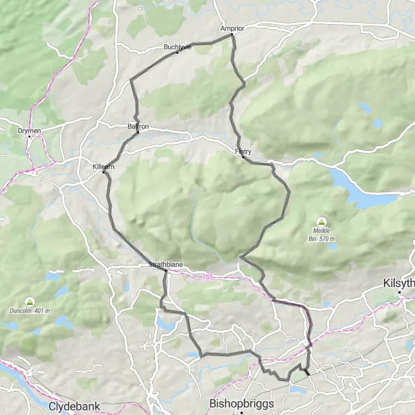 Map miniature of "Lenzie to Bargeny Hill Grand Traverse" cycling inspiration in West Central Scotland, United Kingdom. Generated by Tarmacs.app cycling route planner