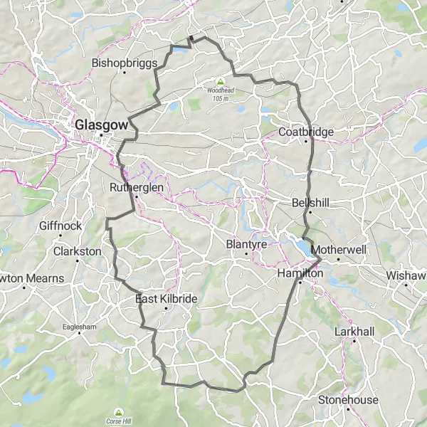 Map miniature of "Lenzie to Croft Head Circuit" cycling inspiration in West Central Scotland, United Kingdom. Generated by Tarmacs.app cycling route planner