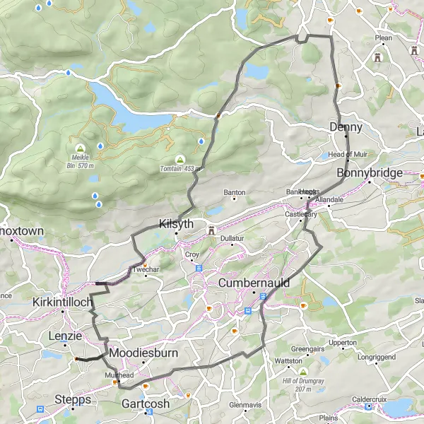 Map miniature of "Lenzie to Chryston via Drumsack" cycling inspiration in West Central Scotland, United Kingdom. Generated by Tarmacs.app cycling route planner